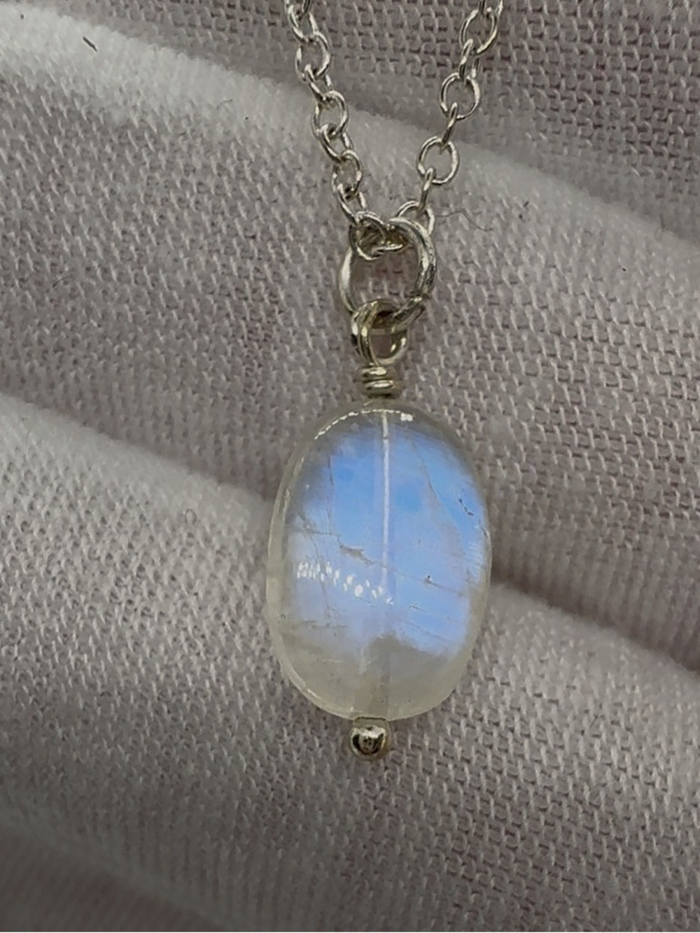 Hand Crafted Moonstone Pendant Necklace - White Blue Flash